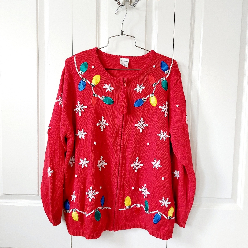 Christmas‎ Lights & Snowflakes Cardigan Sweater size 1X Avon